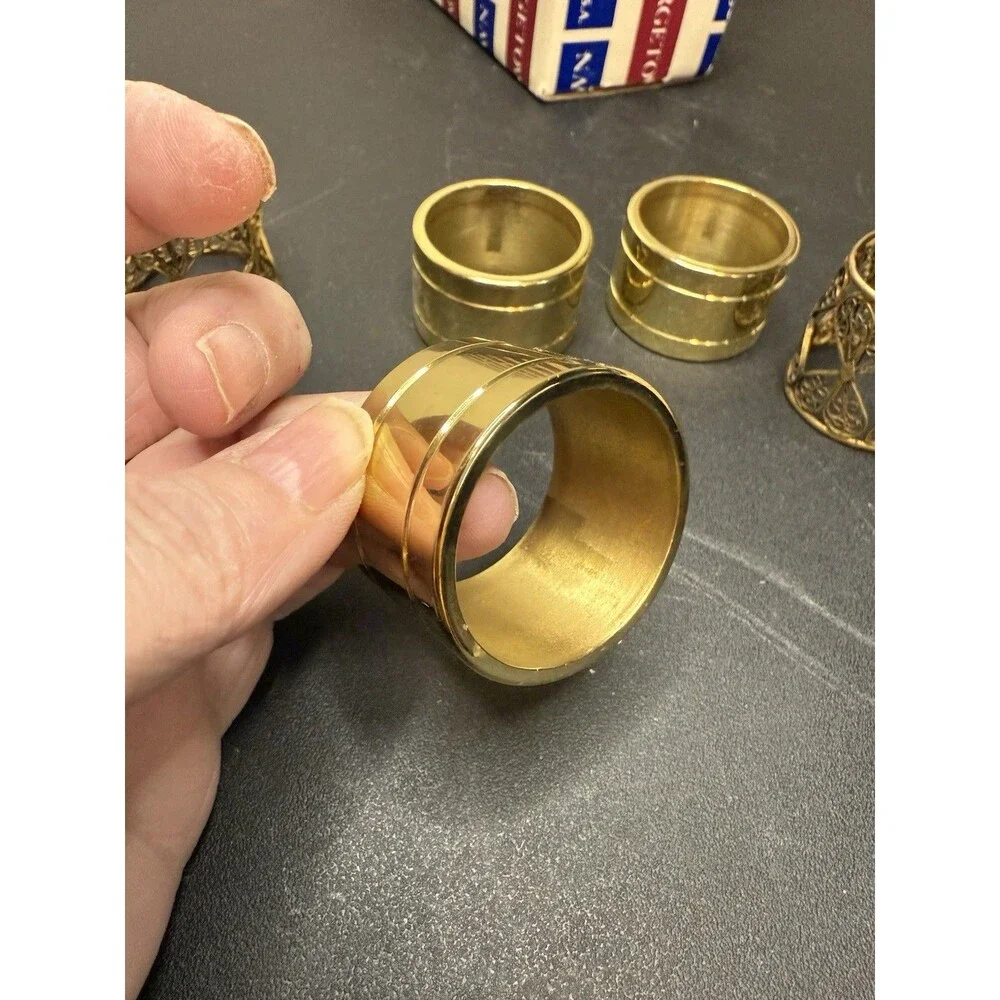 3 Baldwin Napkin Rings Ribbed Pinstripe Heavy + 2 Misc wire rings